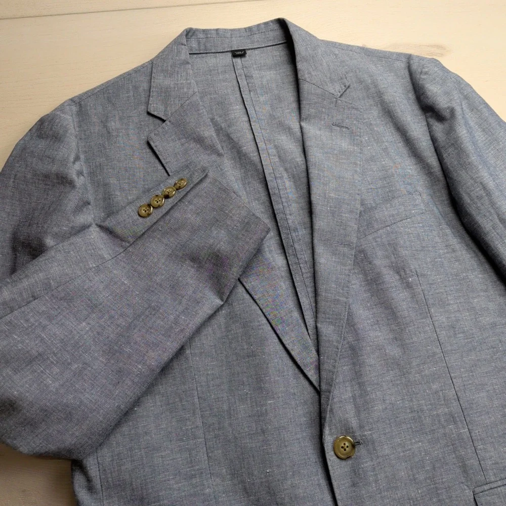 J.Crew Ludlow Blazer Mens 40R Blue Chambray Linen Cotton Unstructured Sport Coat